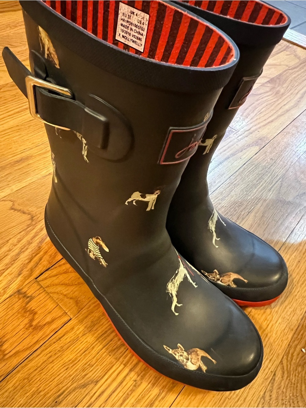 Joules Navy Molly Welly Rain Boots with Dog Print and Red Lining